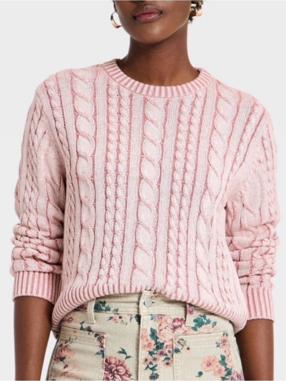 Universal Thread Cable Knit Crewneck Sweater, Washed Fade Pink